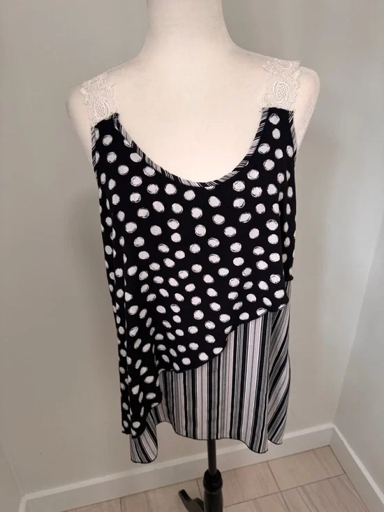 Tank Top Polka Dot & Vertical Stripe Lace-Trim Straps - Black/White Relaxed Fit - Picture 3 of 14
